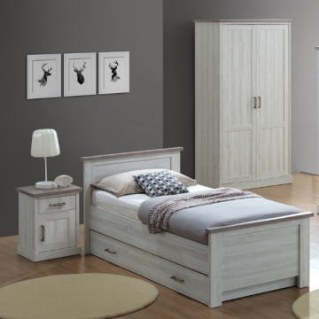 Jugendzimmer Emily: Bett 90x200 mit Schublade, Nachttisch, Kleiderschrank - Eiche grau
