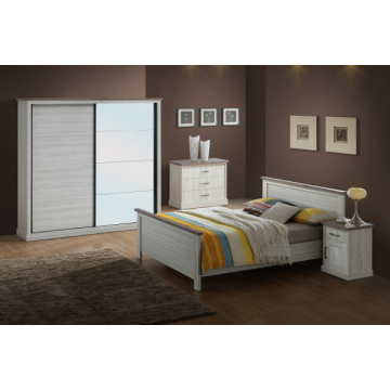 Schlafzimmer Emily: Bett 140x200cm, Nachttisch, Kommode, Kleiderschrank - Eiche grau