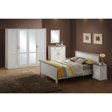 Schlafzimmer Emily: Bett 140x200cm, Nachttisch, Kommode, Spiegel, Kleiderschrank - Eiche grau