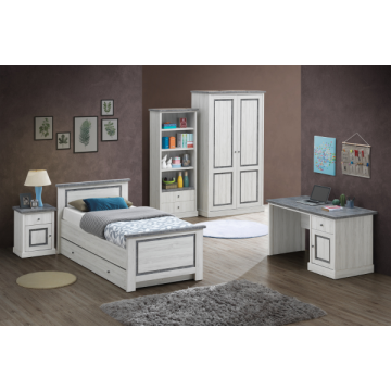 Jugendzimmer Hannelore: Bett 90x200 mit Schublade, Nachttisch, Bücherregal, Kleiderschrank, Schreibtisch - Grau/Beton