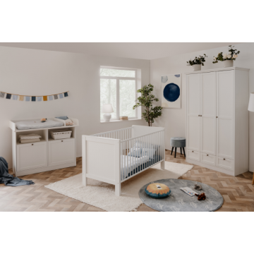 Babyzimmer Landwood: Bett 70x140cm, Kommode, Kleiderschrank - weiß