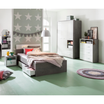 Jugendzimmer Mipsy: Bett 90x200, Nachttisch, Kleiderschrank, Kommode, Bücherregal 