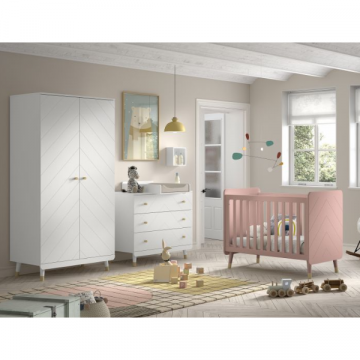 Babyzimmer-Set Billy - Zweitüriger Kleiderschrank, Kommode, Wickeltisch & Kinderbett - Rosa/Weiß 