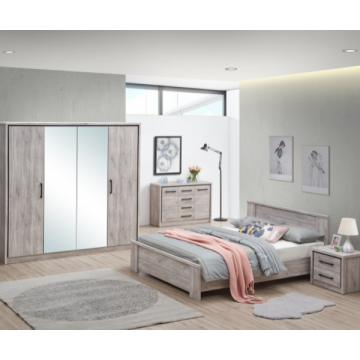 Schlafzimmer Sela: Bett 180x200cm, Nachttisch, Kleiderschrank, Kommode - Eiche grau