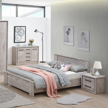 Schlafzimmer Sela: Bett 180x200cm, Nachttisch, Kommode - Eiche grau