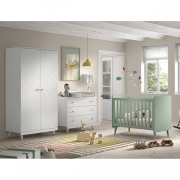 Babyzimmer-Set Billy - Zweitüriger Kleiderschrank, Kommode, Wickeltisch & Babybett - Grün/Weiß 