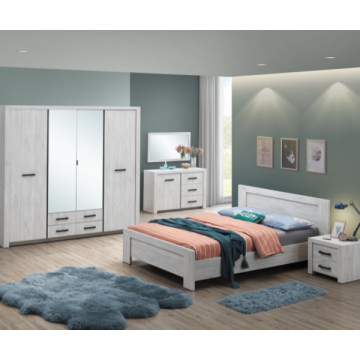 Schlafzimmer Elvira: Bett 160x200cm, Nachttisch, Kommode, Spiegel, Kleiderschrank - Eiche weiß