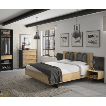 Schlafzimmer Marzano: Bett 140x190cm, Kommode, Kleiderschrank - Eiche Dekor/schwarz