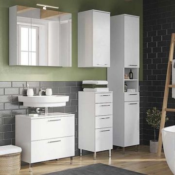 Badezimmerset Artis | Waschtischschrank, Spiegelschrank, Hängeschrank, Seitenschrank, Säulenschrank | Weiß