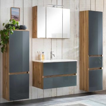 Badezimmerset Helsinki | Waschtischschrank, Spiegelschrank, Hängeschrank, Säulenschrank | Wotan Eiche/grau-design