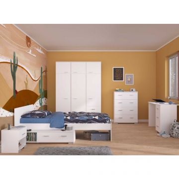 Kinderzimmer-Set Galaxy | Einzelbett, Kommode, Schreibtisch, Kleiderschrank, Nachttisch | Weiß