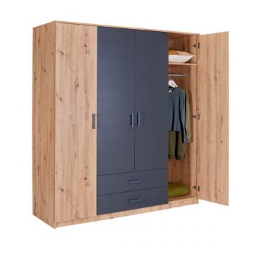 Kleiderschrank Liora | 4 Türen, 2 Schubladen | 180 x 58 x 198,5 | Eichendekor / Anthrazit