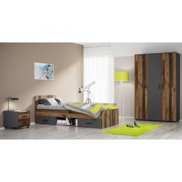 Jugendzimmer-Set Ramos | Einzelbett mit Schubladen, Nachttisch, Kleiderschrank (3 Türen) | Kastamonu-Design