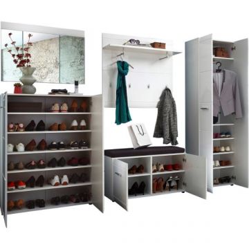 Garderobenset Allan | Schuhschrank, Dielenbank, Wandspiegel, Wandpaneel, Garderobe | Weiß