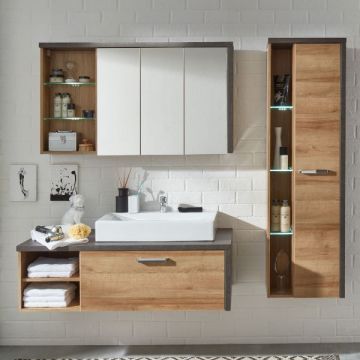 Badkombination Bay | Waschbeckenschrank, Wand- und Spiegelschrank | Riviera Honey Coloured Oak