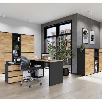 Büro-Set Osmond | Schreibtisch, Kommode, mittlerer und großer Hängeregisterschrank und Regale | Anthrazit-Eiche-Design