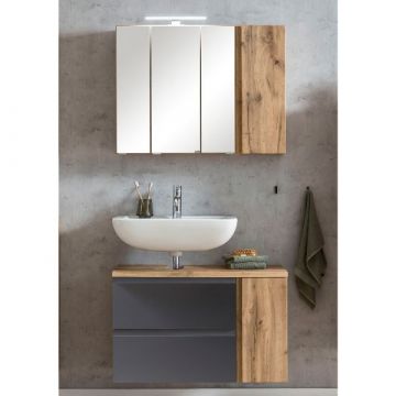 Badezimmerset Varese | Waschtisch und Spiegelschrank mit Beleuchtung | Wotan Eiche Graues Design