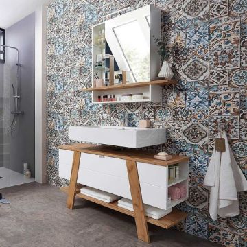 Badezimmerset Nove Mila | Waschbeckenschrank und Spiegelschrank mit Beleuchtung | Eiche Navarra