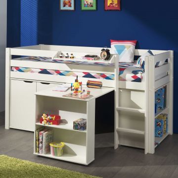 Halbhochbett Charlotte mit Schreibtisch, Bücherschrank und Regalen  - weiß
