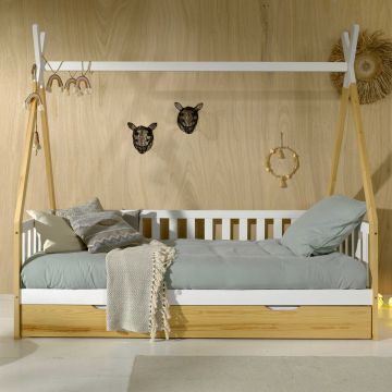 Tipi-Bett 90 x 200cm mit Reling und Bettkasten Kiefer - natur/weiß