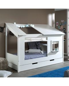 Hausbett Lio 90x200 mit Bettkasten und Vorhängen - weiß 