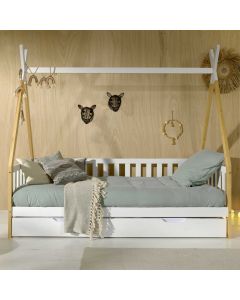 Tipi Bett 90 x 200cm mit Reling und Bettkasten Kiefer - weiß