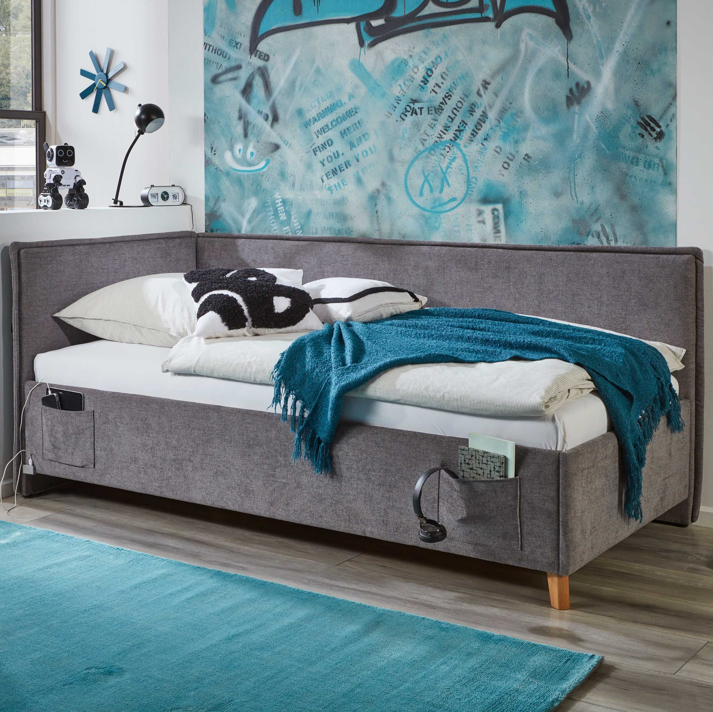 Einzelbett Ollie | Mit Rückenlehne | 90 x 200 cm | Design Grau Einzelbett Ollie | Mit Rückenlehne | 90 x 200 cm | Design Grau